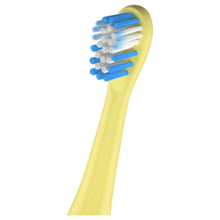 Close-up of yellow kids toothbrush head with extra-soft blue bristles