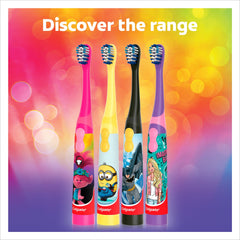 Set of colorful kids electric toothbrushes with cartoon characters including Minions Colgate kids Minions toothbrush
