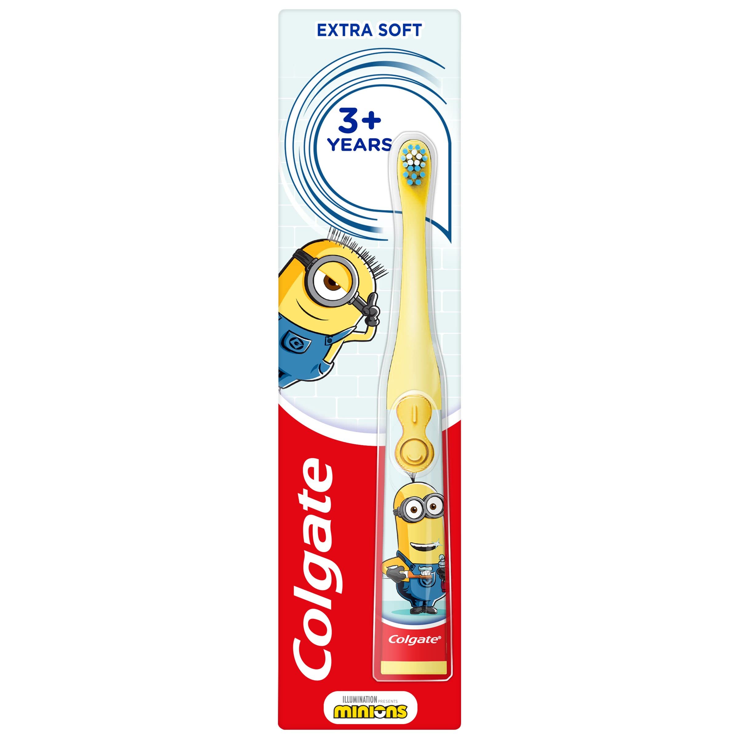 Yellow Colgate kids Minions toothbrush in branded packaging with extra soft bristles for ages 3 and up