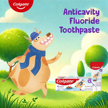 Colgate anticavity fluoride toothpaste panel with 6-9 kids dinosaur character
