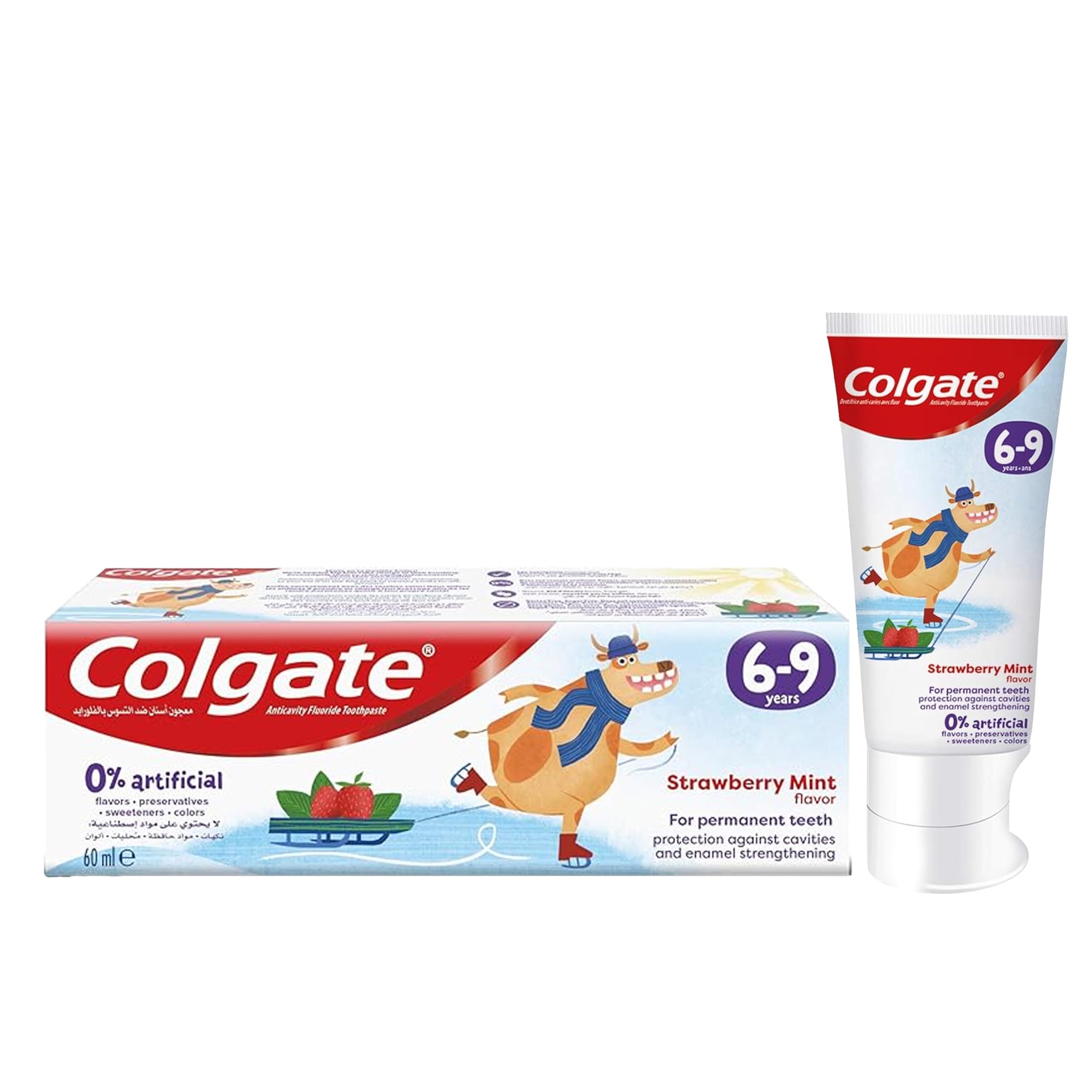 Colgate kids toothpaste strawberry mint tube and box for ages 6 to 9 with cartoon character and zero percent artificial