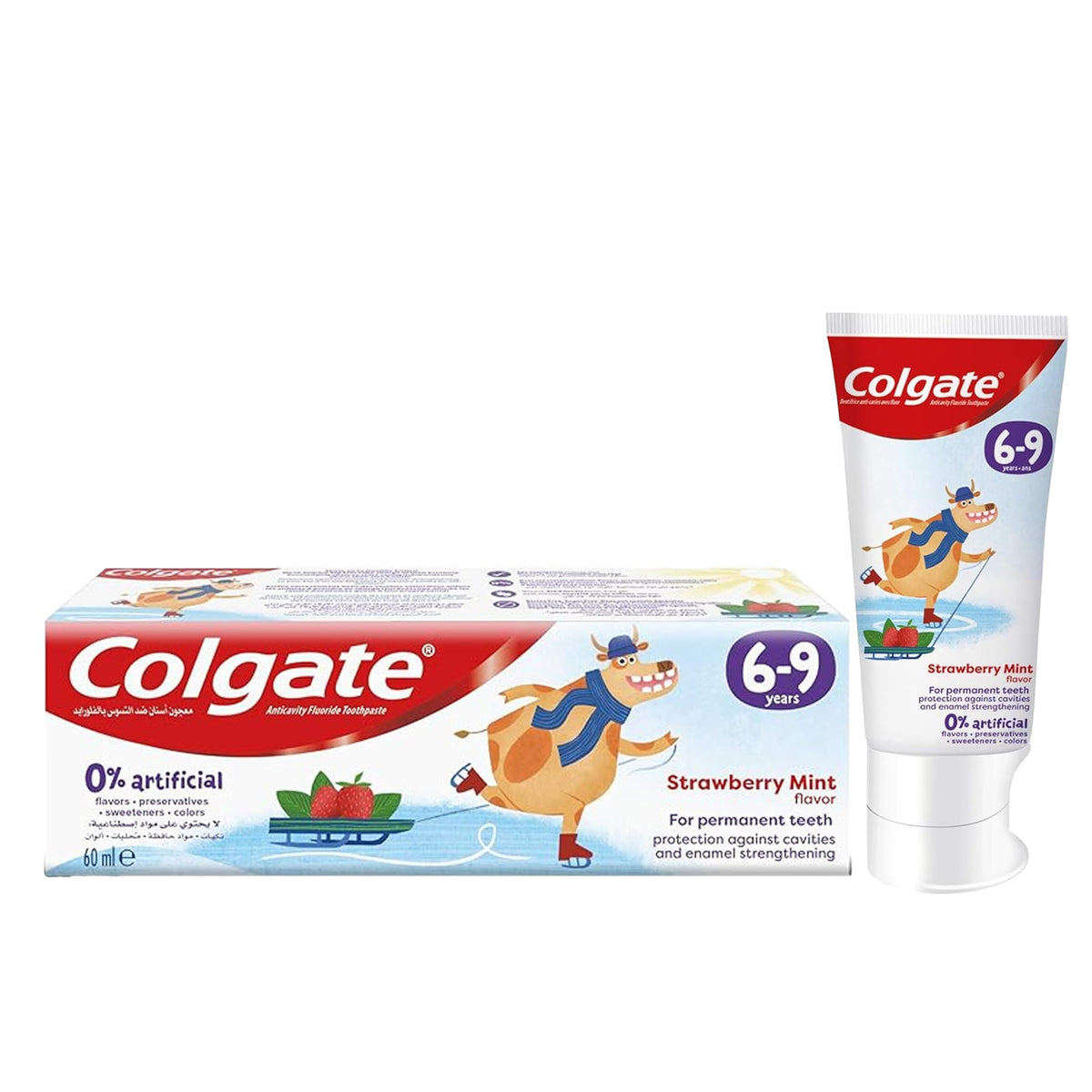Colgate kids toothpaste strawberry mint tube and box for ages 6 to 9 with cartoon character and zero percent artificial