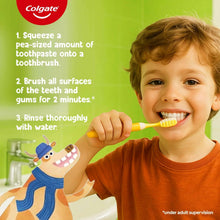 Colgate kids toothpaste directions panel with child brushing teeth