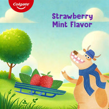 Colgate strawberry mint flavor toothpaste panel with kids dinosaur character