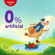Colgate 0% artificial kids toothpaste panel with dinosaur character