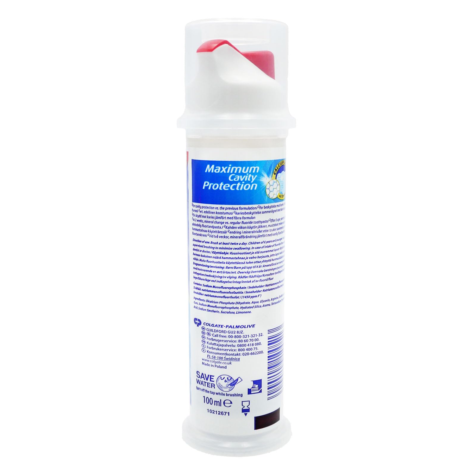 Colgate Maximum Cavity Protection toothpaste 100 ml white pump dispenser bottle showing back label and barcode