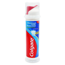 Colgate cavity protection toothpaste pump dispenser, red and blue label, front view.