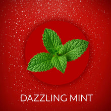 Whitening toothpaste ad with green mint leaf icon and 'Dazzling Mint' text