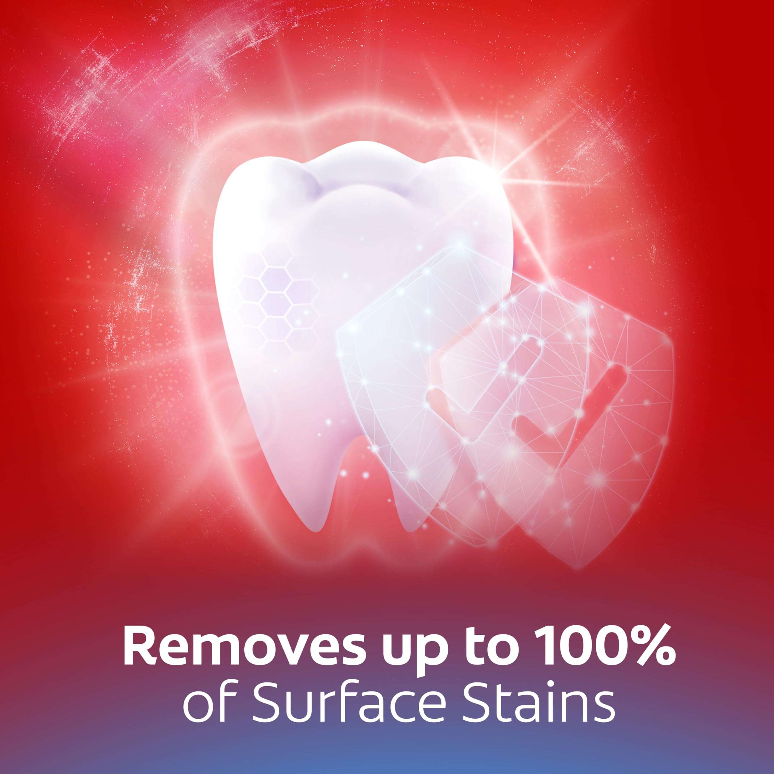 Colgate Optic White Expert Toothpaste UAE tooth with shield on red background claims removes up to 100 percent surface stains