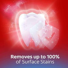 Whitening toothpaste ad with tooth icon and 'Removes up to 100% surface stains' text