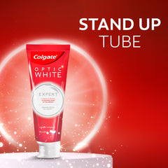 Colgate Optic White Expert Toothpaste UAE red stand up tube on red backdrop showing 75 ml