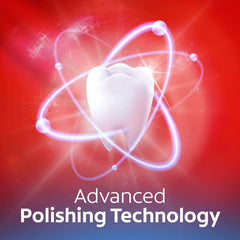 Colgate Optic White Expert Toothpaste UAE ad with a gleaming tooth orbiting polish particles and Advanced Polishing Technology text