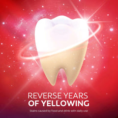Colgate Optic White Expert Toothpaste UAE whitening tooth illustration with sparkling white enamel on red background