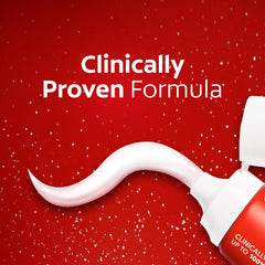 Colgate Optic White Expert Toothpaste UAE tube dispensing white paste on red background with clinically proven formula text