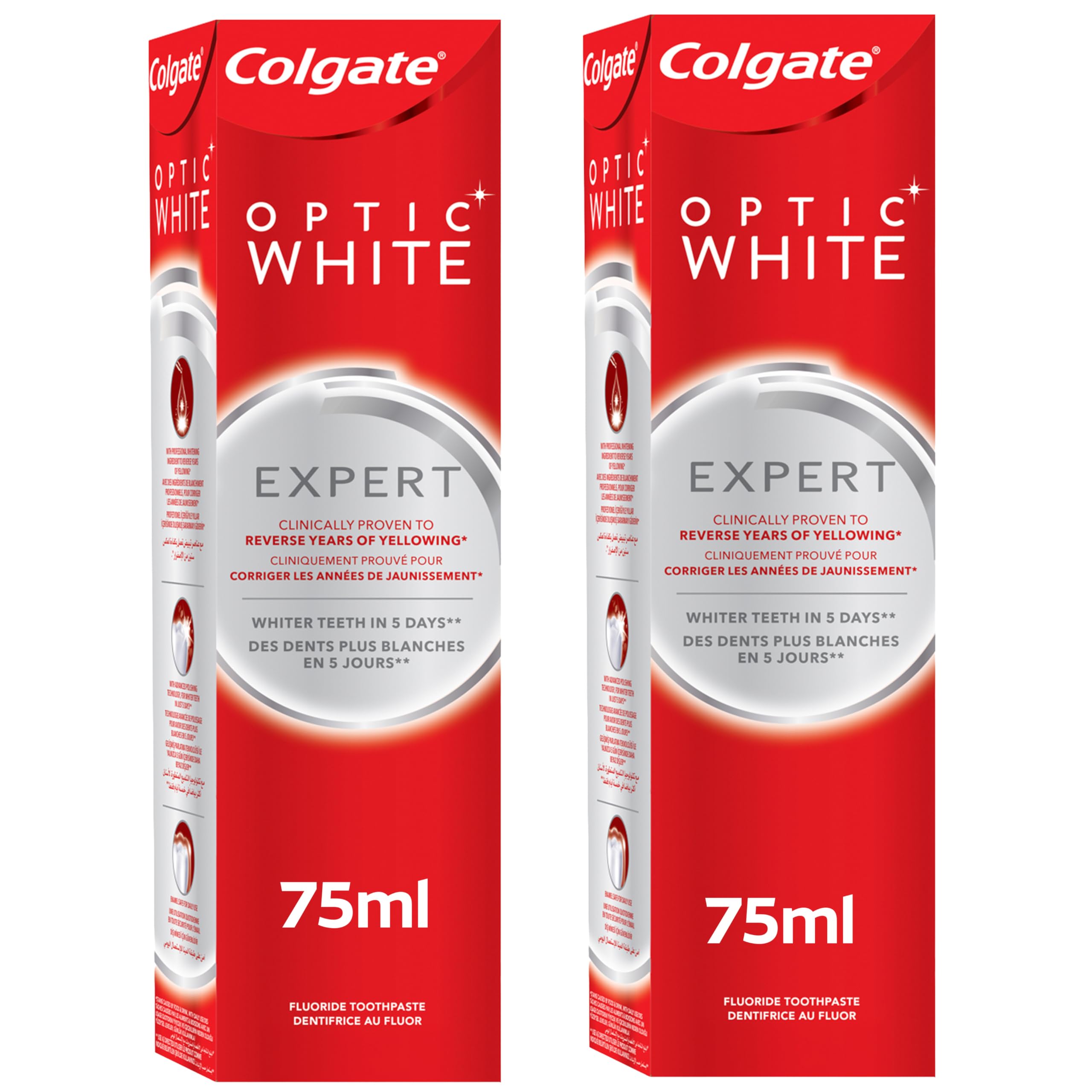 Two 75ml red and silver Colgate Optic White Expert Toothpaste UAE boxes showing Expert whitening packaging