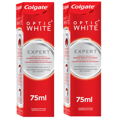 Two 75ml red and silver Colgate Optic White Expert Toothpaste UAE boxes showing Expert whitening packaging