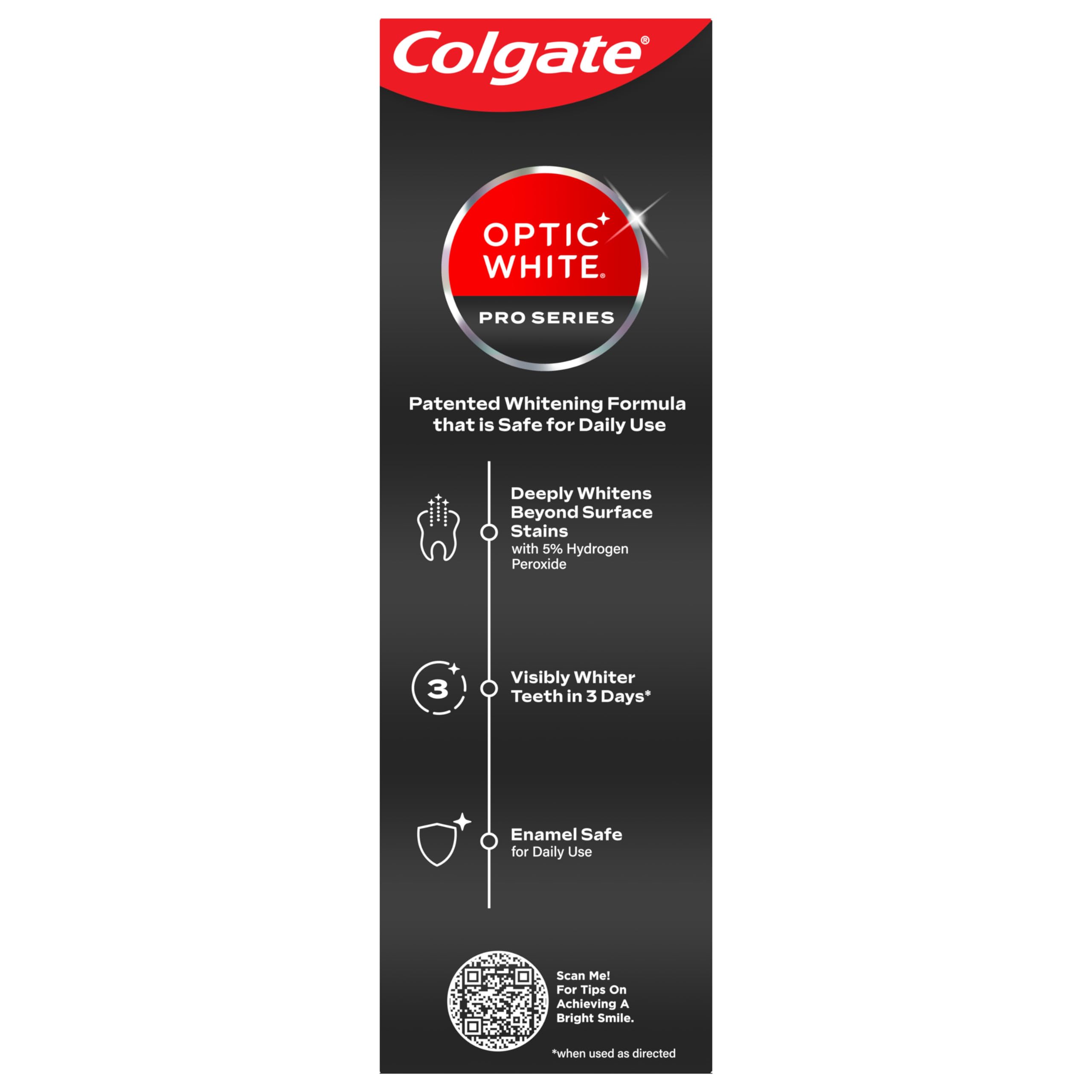 Colgate optic white pro series toothpaste packaging panel with Optic White logo and whitening claims
