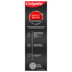 Colgate optic white pro series toothpaste packaging panel with Optic White logo and whitening claims