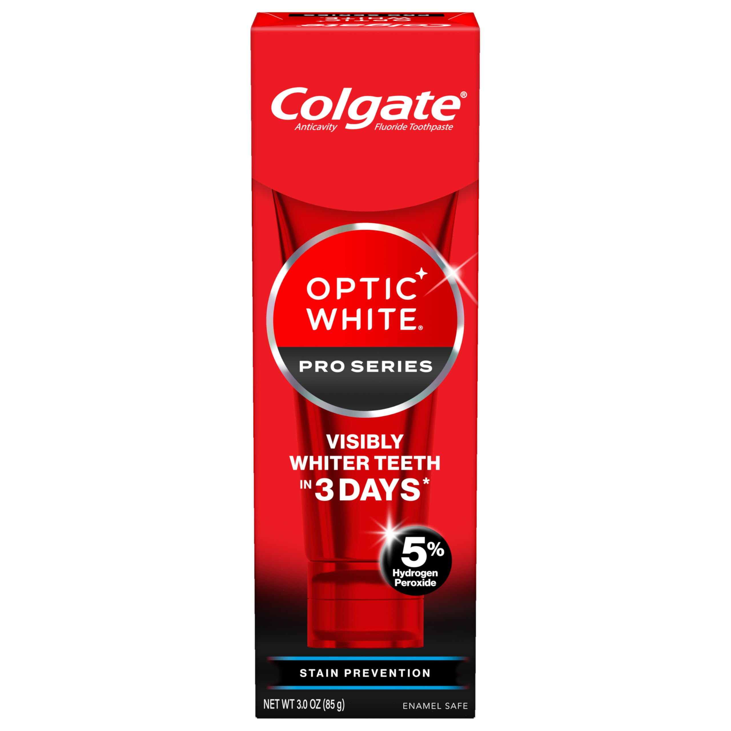 Colgate optic white pro series toothpaste red box with 5 percent hydrogen peroxide for visibly whiter teeth