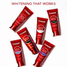 Assorted Optic White whitening toothpaste tubes in red with different label accents