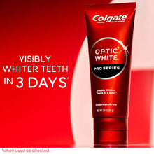 Whitening toothpaste tube with Optic White Pro Series logo and stain prevention text