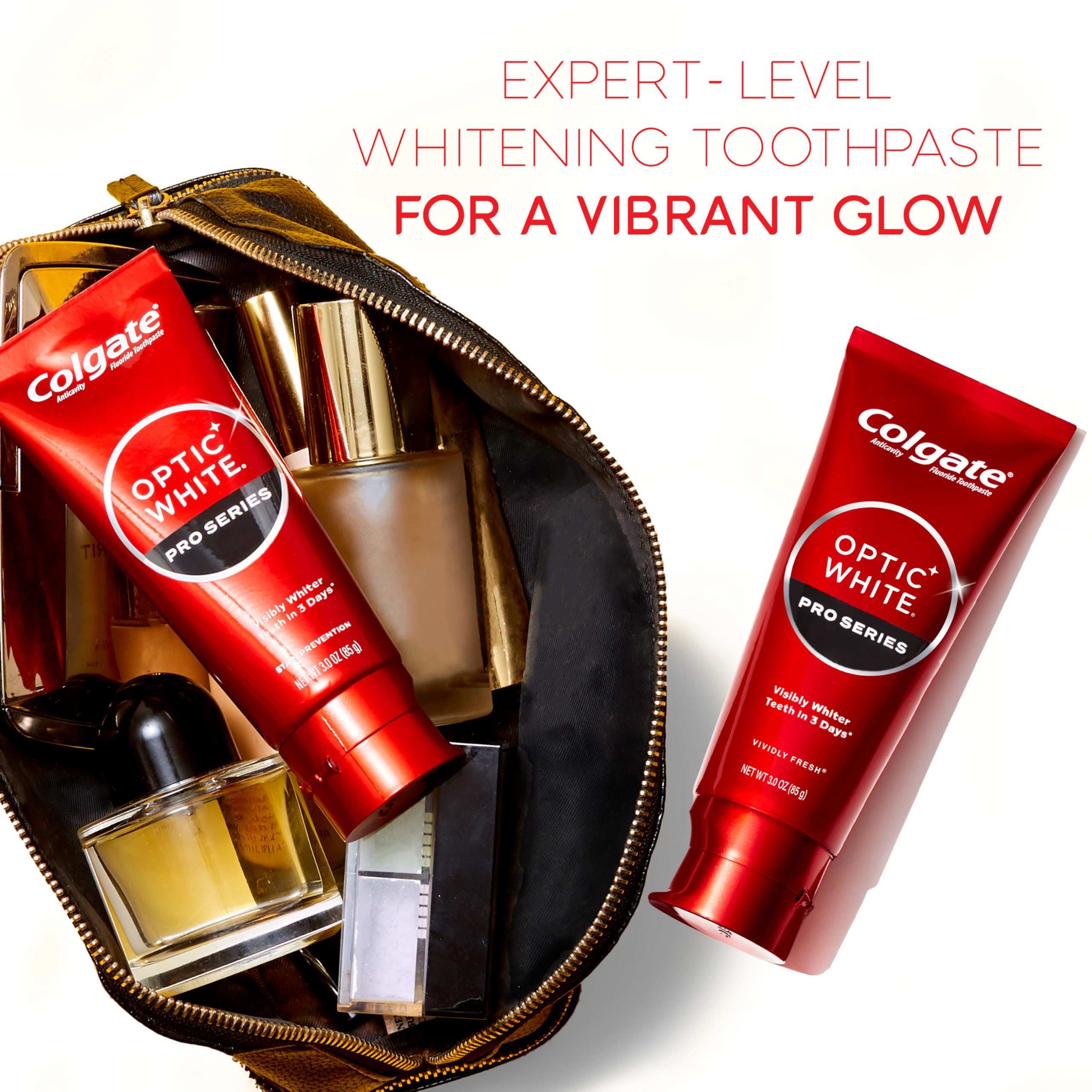 Two red tubes of Colgate optic white pro series toothpaste beside cosmetics in a zippered makeup bag highlighting whitening care