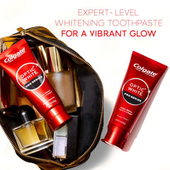Two red tubes of Colgate optic white pro series toothpaste beside cosmetics in a zippered makeup bag highlighting whitening care