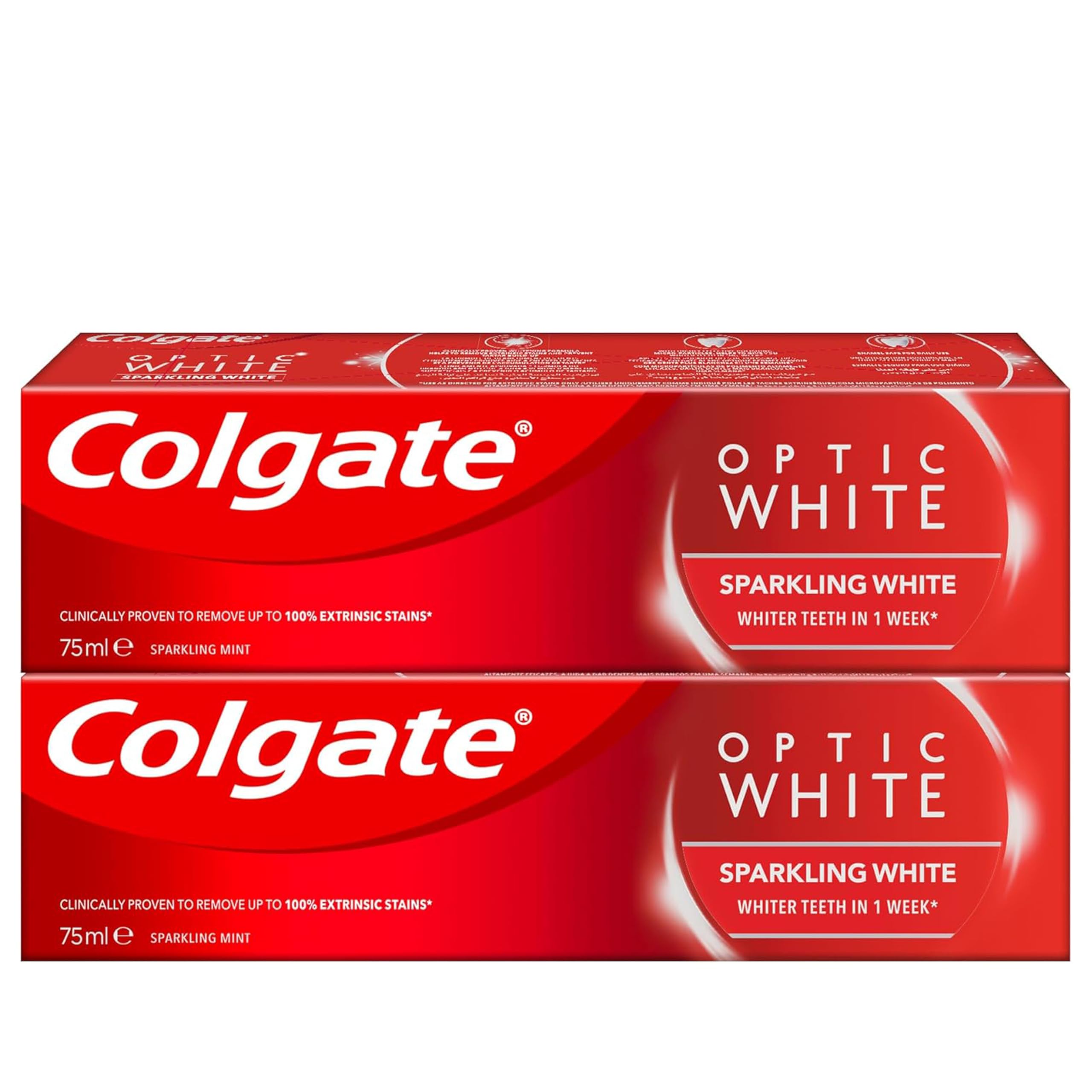 Two pack boxes of Colgate Optic White toothpaste 75 ml Sparkling Mint in bright red packaging