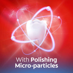 Colgate Optic White toothpaste image of a polished white tooth with glowing orbiting micro particles and red background