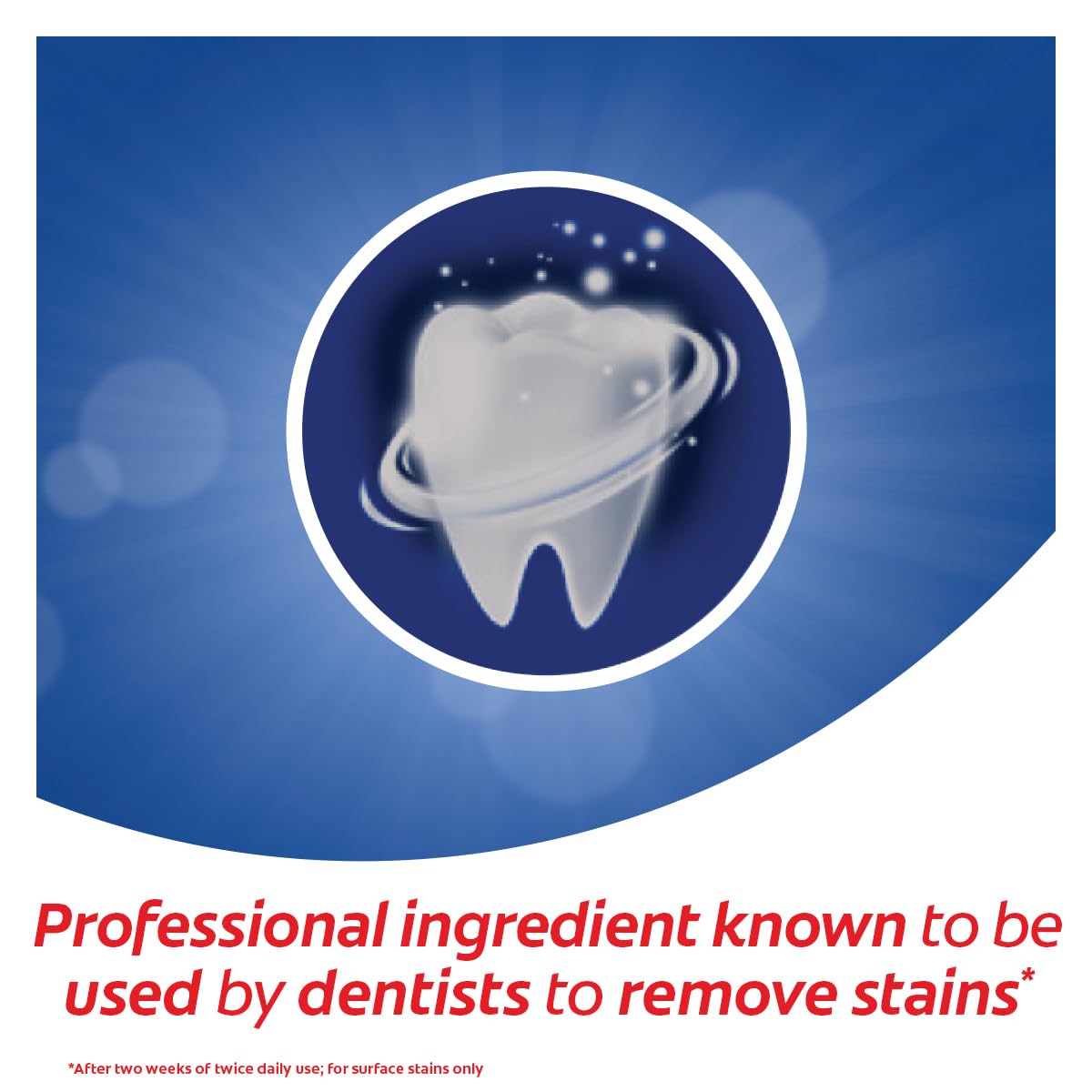 Colgate Optic White toothpaste UAE tooth icon with whitening swirl and professional ingredient claim