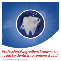 Colgate Optic White toothpaste UAE tooth icon with whitening swirl and professional ingredient claim