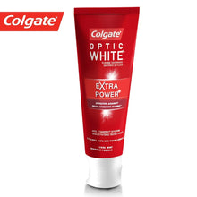 Colgate Optic White Extra Power whitening toothpaste tube, red and white, 75 ml