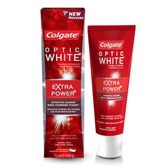 Colgate Optic Whitening toothpaste Extra Power red tube and box showing whitening formula 75 ml