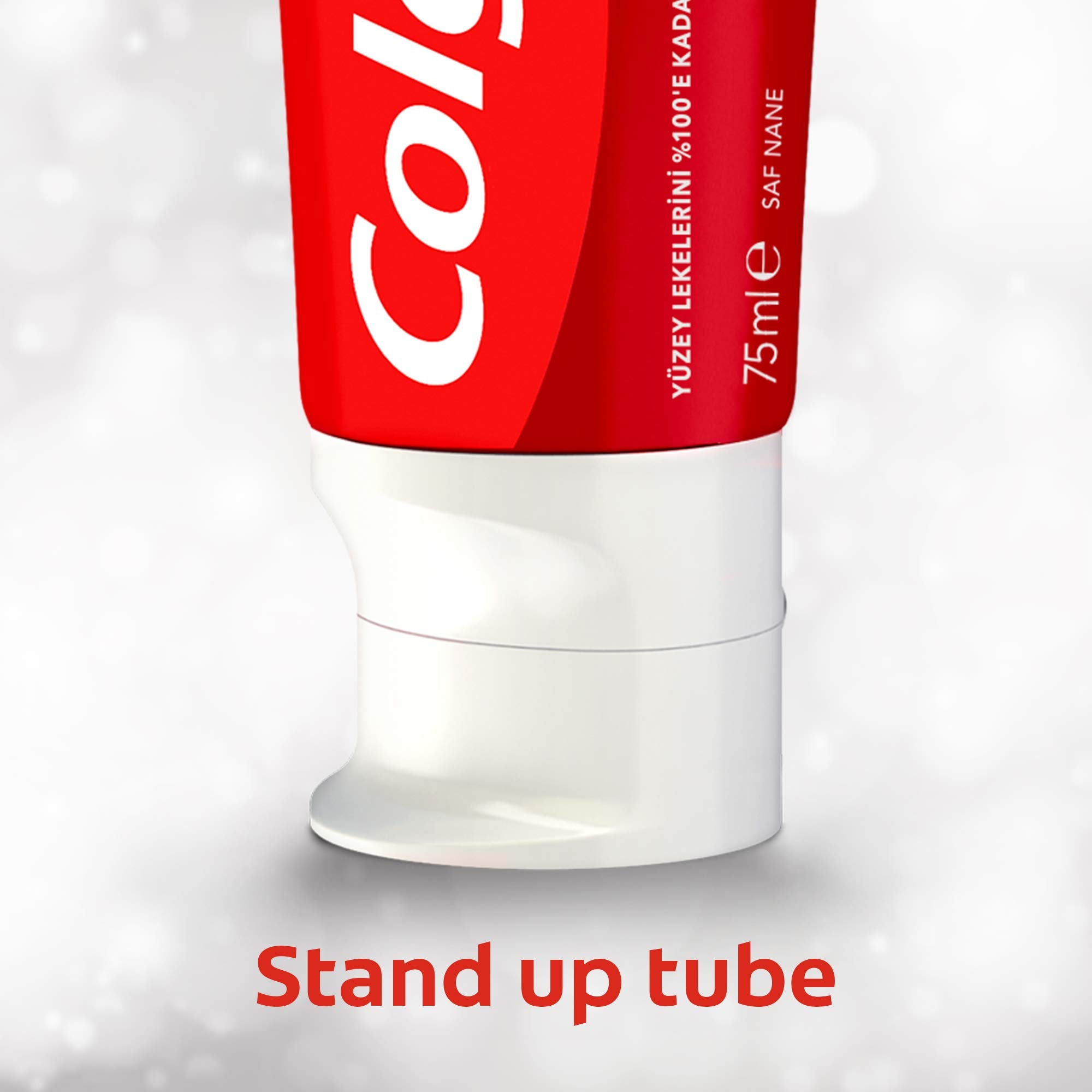 Close up of Colgate Optic Whitening toothpaste 75 ml red stand up tube with white flip cap
