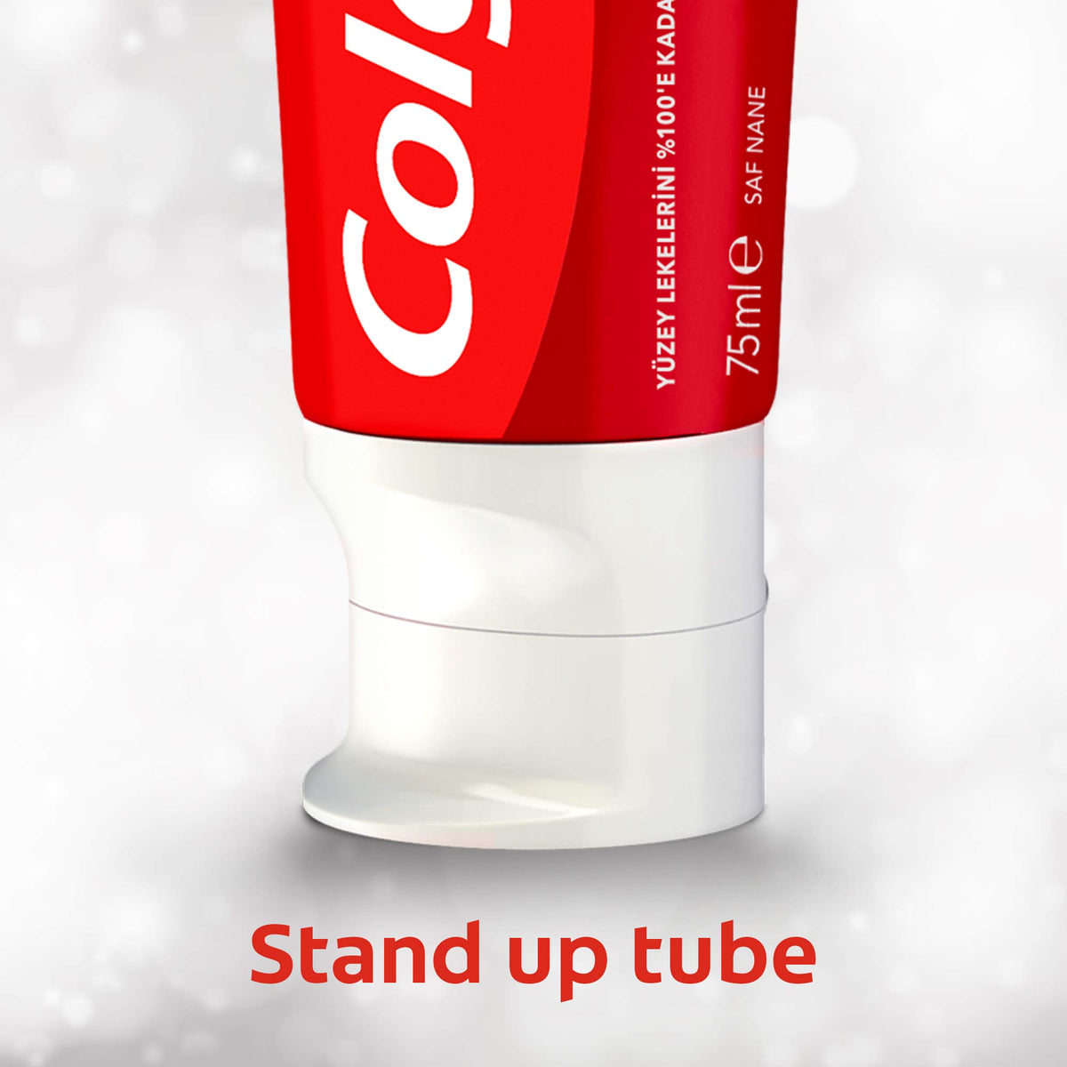 Close up of Colgate Optic Whitening toothpaste 75 ml red stand up tube with white flip cap