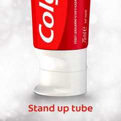 Close up of Colgate Optic Whitening toothpaste 75 ml red stand up tube with white flip cap