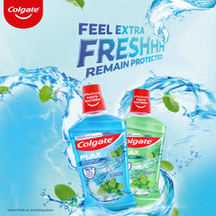 Colgate peppermint mouthwash 100ml two Colgate Plax bottles with mint leaves and water splash background