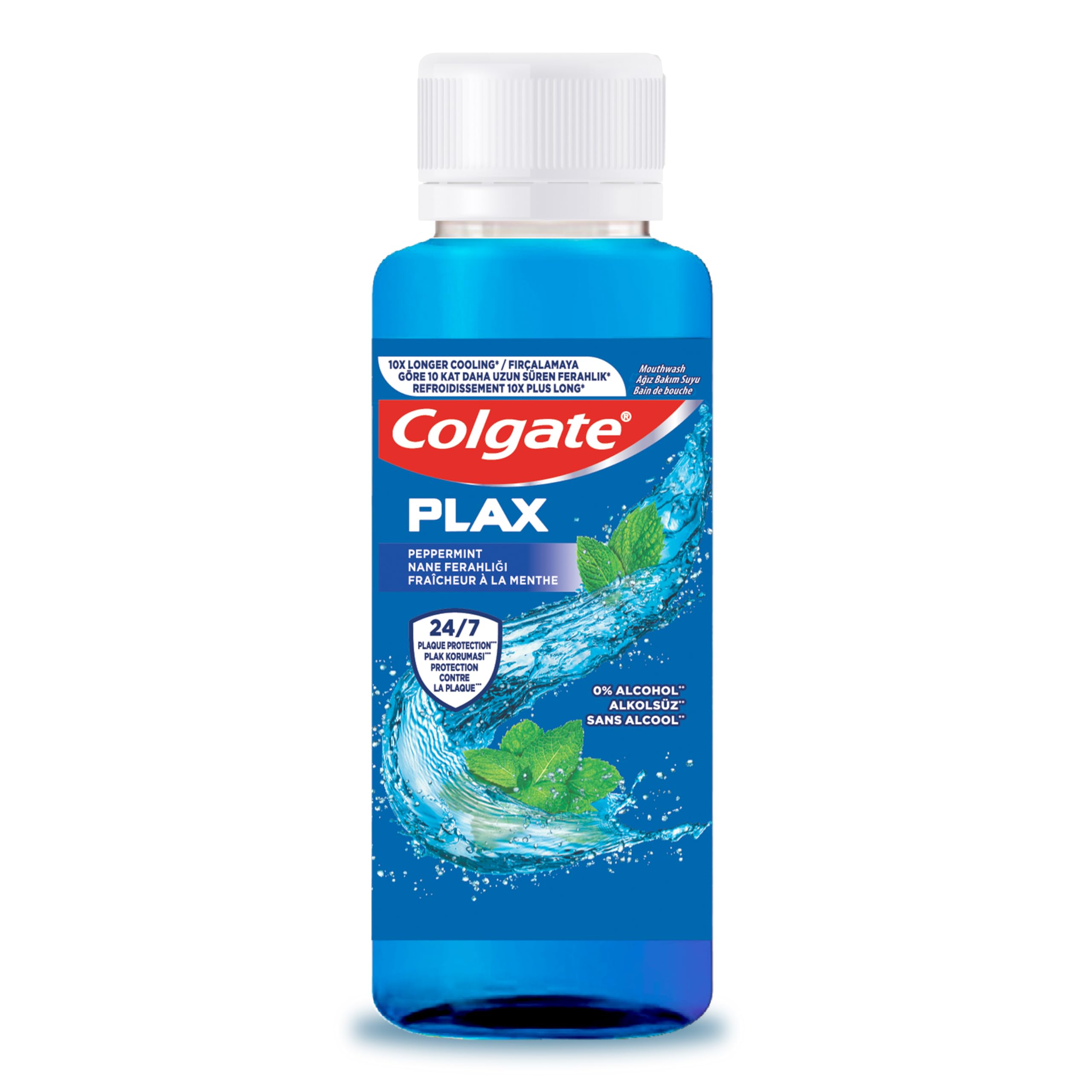 Colgate peppermint mouthwash 100ml Plax blue bottle with white cap mint leaves and water splash