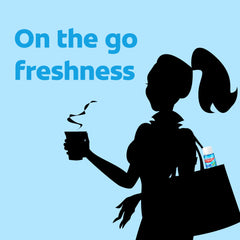 Silhouette of woman holding coffee and tote with Colgate peppermint mouthwash 100ml bottle and on the go freshness text