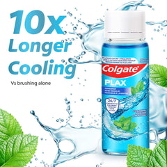 Colgate peppermint mouthwash 100ml Plax bottle with mint leaves and water splash showing 10x cooling