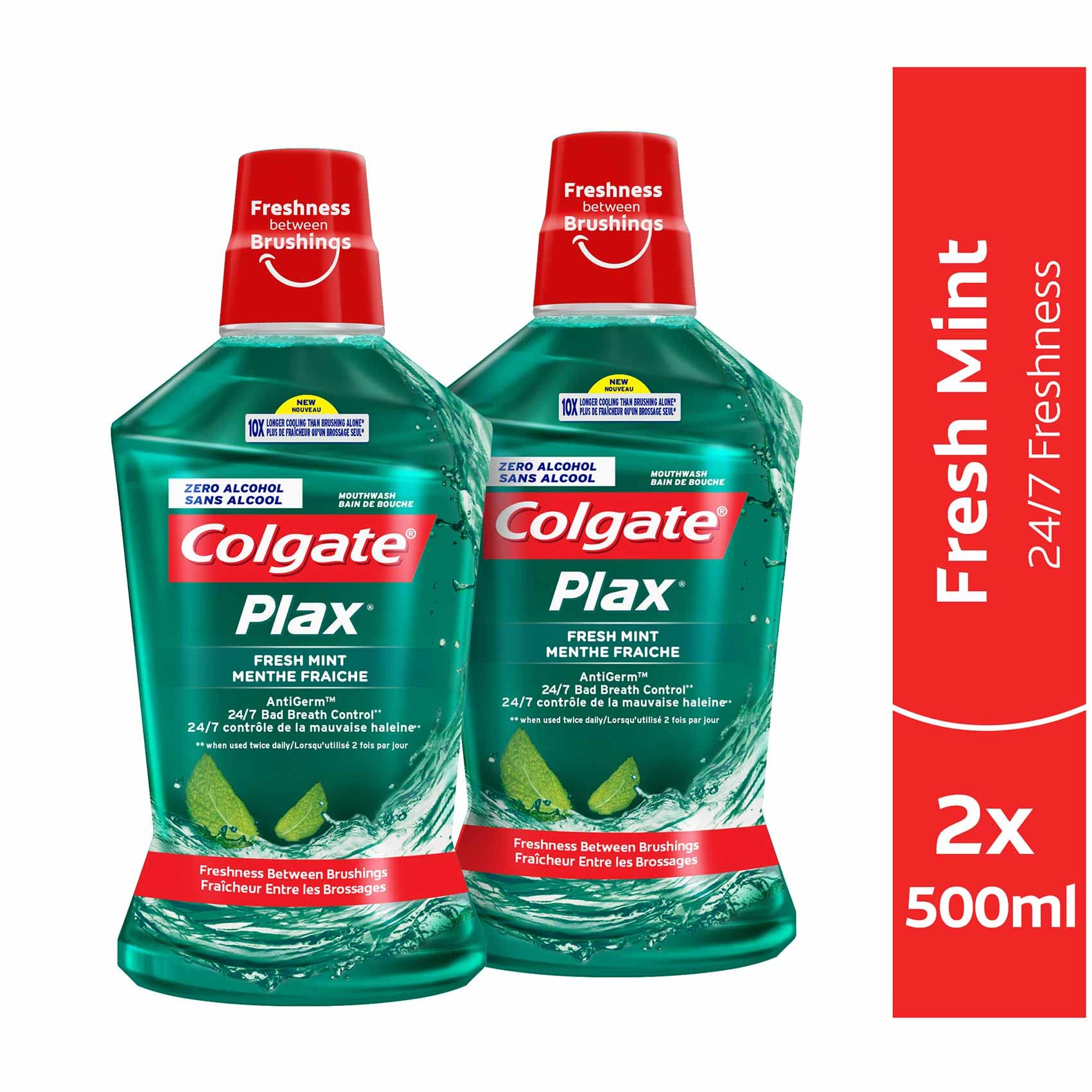 Colgate Plax Fresh Mint Mouthwash 500ml twin pack two green bottles with red caps for long lasting fresh breath