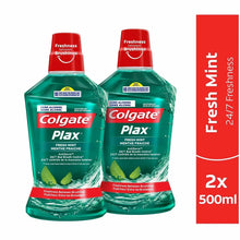 Colgate Plax Fresh Mint mouthwash twin pack, red caps and 2x 500ml label