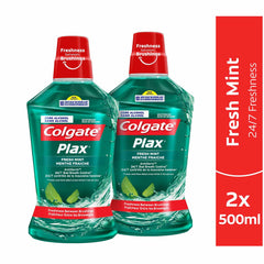 Colgate Plax Fresh Mint Mouthwash 500ml twin pack two green bottles with red caps for long lasting fresh breath