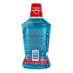 Back view of Colgate Plax mouthwash 500ml pack UAE showing blue liquid bottle with red cap and detailed product label