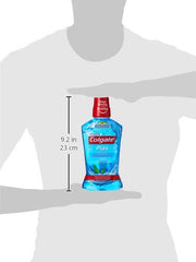 Colgate Plax mouthwash 500ml pack UAE blue bottle displayed with size guide against model silhouette