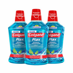 Three bottles of Colgate Plax mouthwash 500ml pack UAE peppermint flavor alcohol free freshening rinse