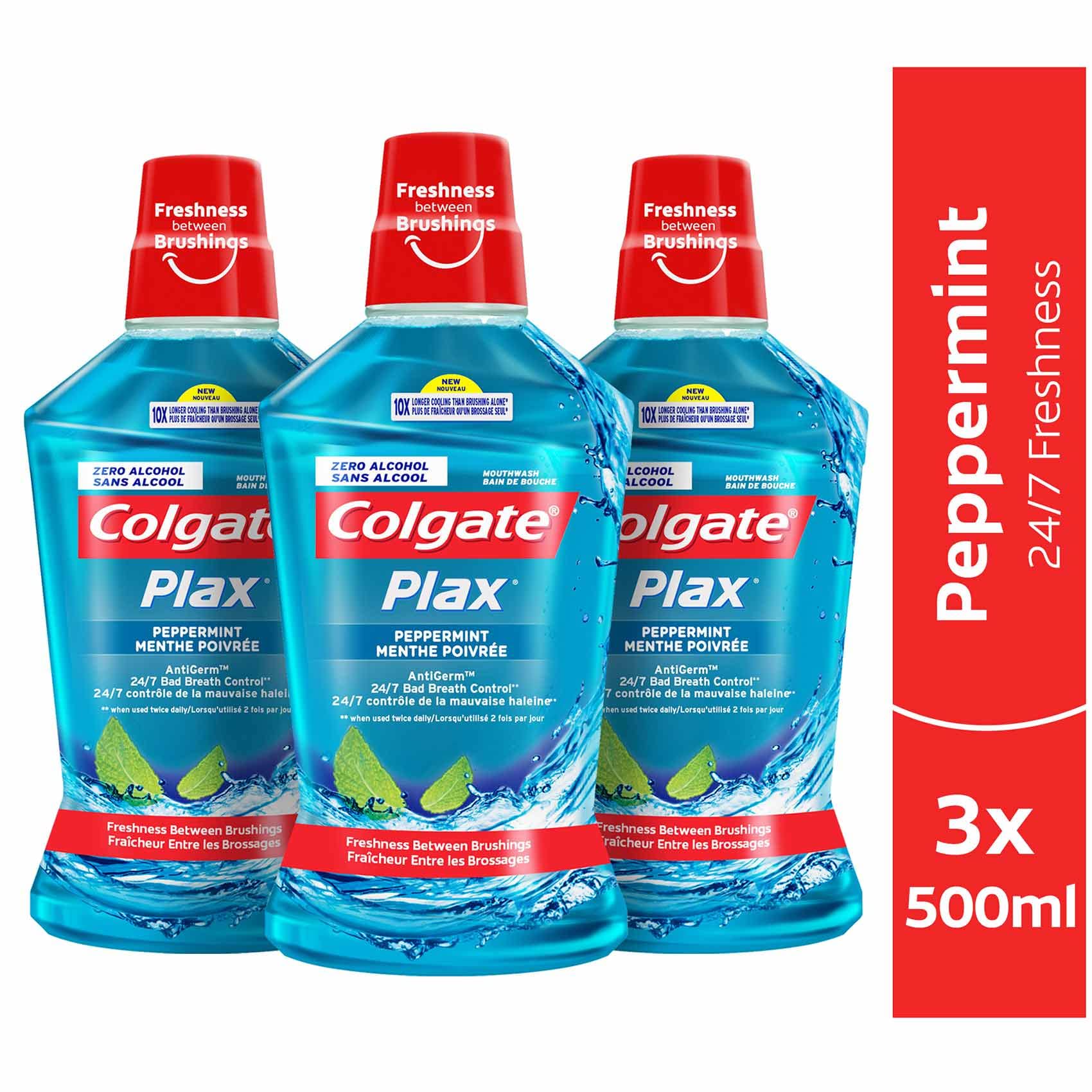 Colgate Plax mouthwash 500ml pack UAE three blue peppermint bottles showing 3 bottles 500ml freshness between brushings