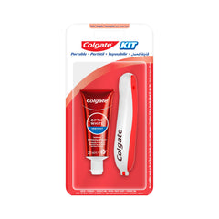 Colgate portable toothbrush and toothpaste set in red and white travel kit with 20ml Optic White toothpaste