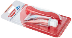 Colgate portable toothbrush and toothpaste set. Red folding travel toothbrush and travel size Colgate paste in blister pack