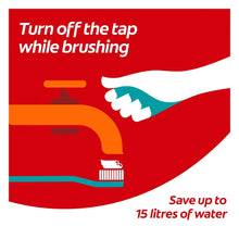 Toothbrushing infographic with tap turned off and water-saving label